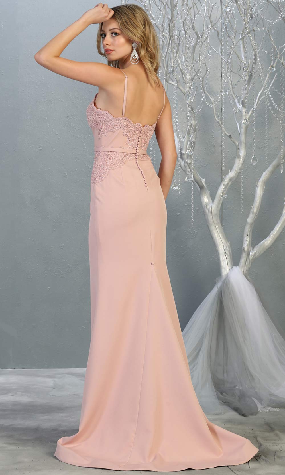Mayqueen MQ1759 long dusty rose lace top evening fitted dress w/straps. Full length light pink gown is perfect for bridesmaids, enagagement/e-shoot dress, wedding guest dress, indowestern gown, formal evening party dress, prom. Plus sizes avail-b.jpg