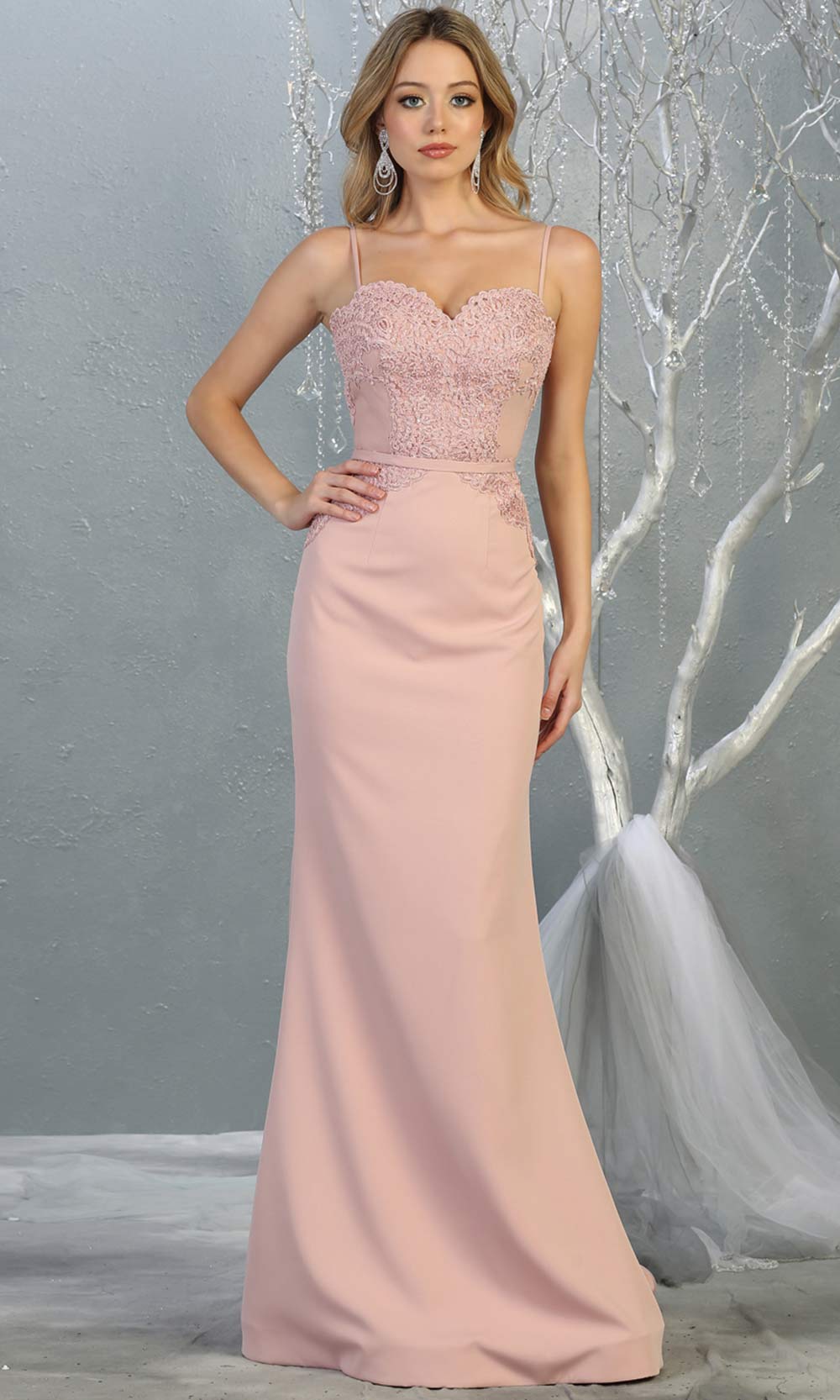 Mayqueen MQ1759 long dusty rose lace top evening fitted dress w/straps. Full length light pink gown is perfect for bridesmaids, enagagement/e-shoot dress, wedding guest dress, indowestern gown, formal evening party dress, prom. Plus sizes avail.jpg