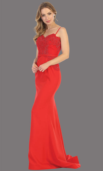 Mayqueen MQ1759 long red lace top evening fitted dress w/straps. Full length red gown is perfect for bridesmaids, enagagement/e-shoot dress, wedding guest dress, indowestern gown, formal evening party dress, prom. Plus sizes avail
