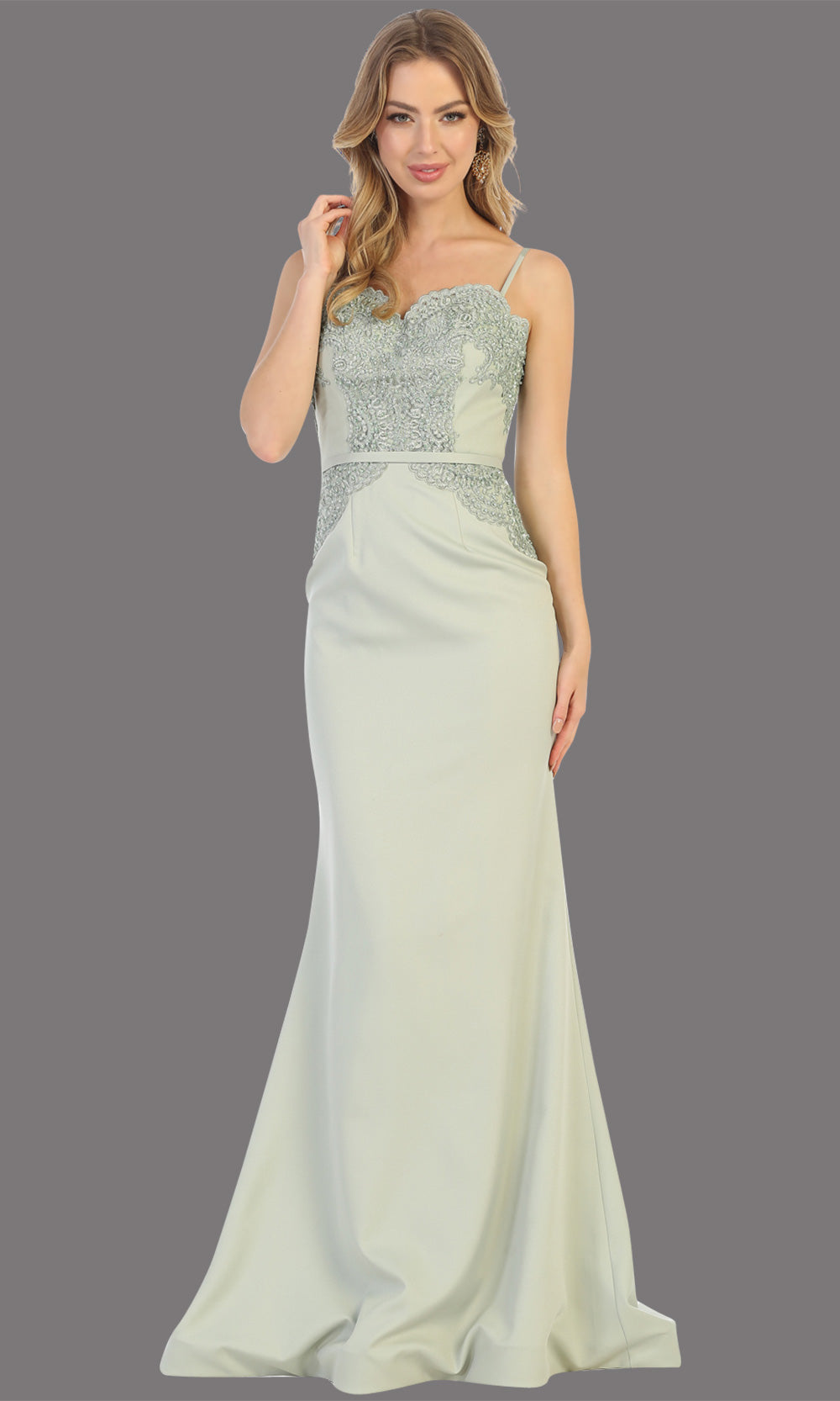 Mayqueen MQ1759 long sage lace top evening fitted dress w/straps. Full length light green gown is perfect for bridesmaids, enagagement/e-shoot dress, wedding guest dress, indowestern gown, formal evening party dress, prom. Plus sizes avail