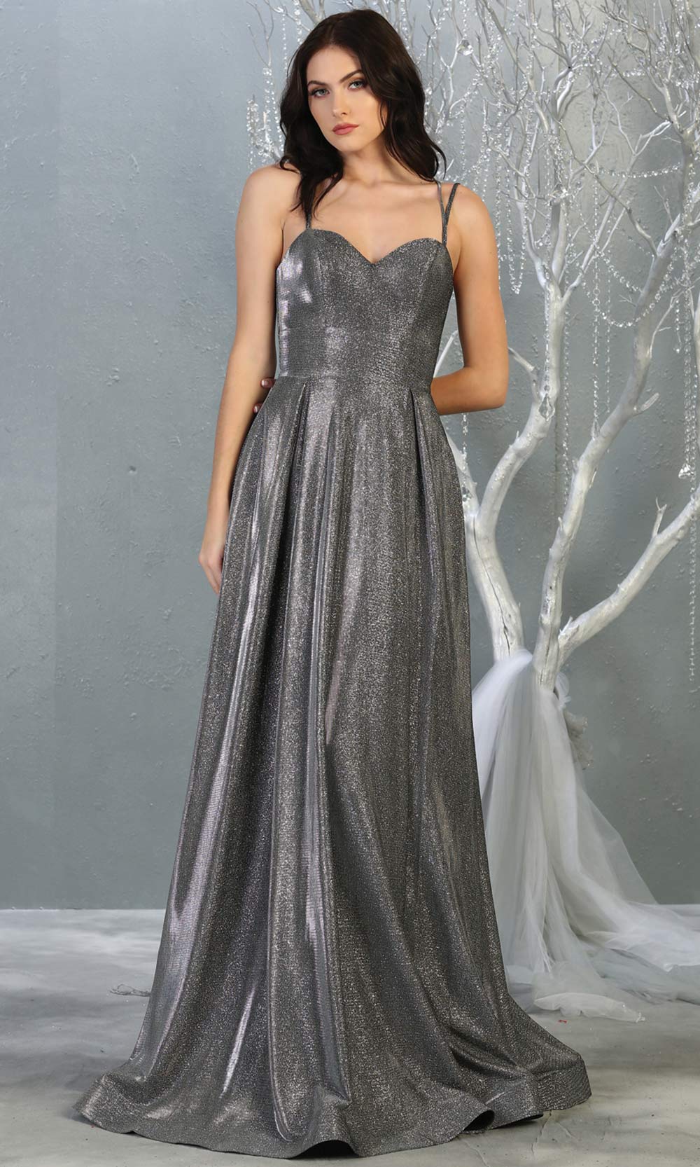 Mayqueen MQ1760 long charcoal gray metallic evening flowy dress w/straps. Full length dark grey gown is perfect for enagagement/e-shoot dress, wedding guest dress, indowestern gown, formal evening party dress, prom, wedding guest. Plus sizes avail.jpg