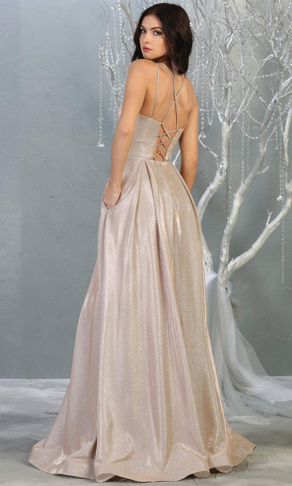 Mayqueen MQ1760 long rose gold metallic evening flowy dress w/straps. Full length rose gold gown is perfect for enagagement/e-shoot dress, wedding guest dress, indowestern gown, formal evening party dress, prom, wedding guest. Plus sizes avail-b.jpg