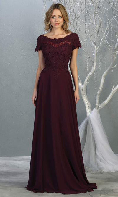 Mayqueen MQ1763 long dark purple flowy modest dress with cap sleeves & lace top. This eggplant purple dress is perfect for mother of the bride, formal wedding guest dress, covered up evening dress. It has a high neck & high back. Plus sizes avail.jpg