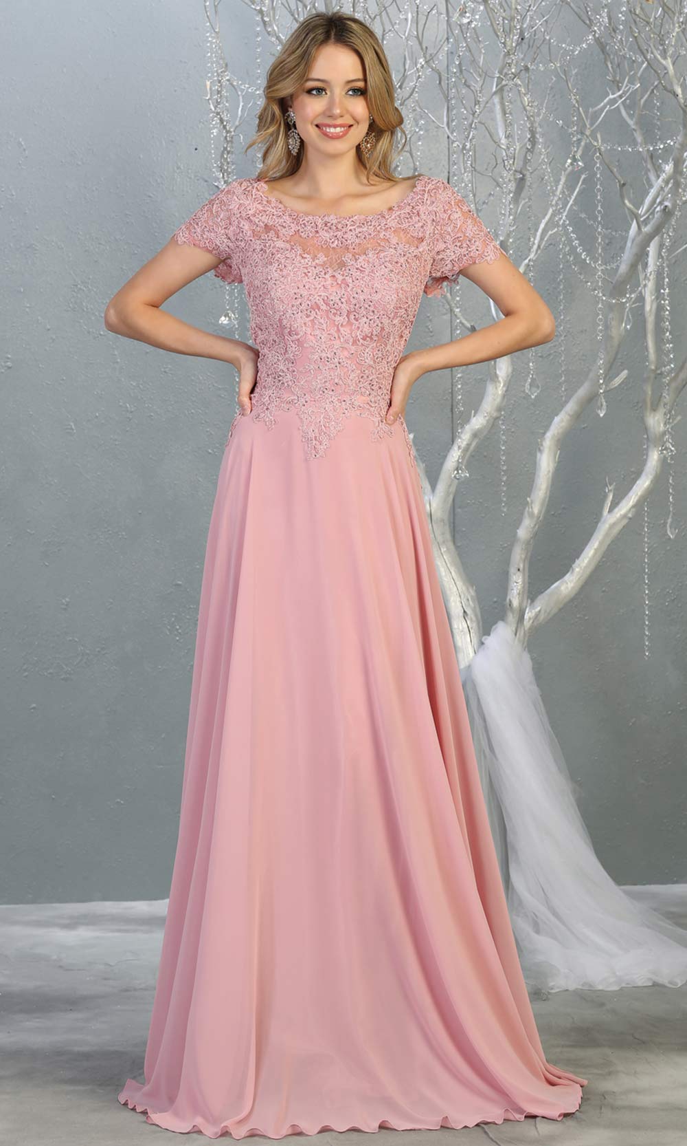 Mayqueen MQ1763 long dusty rose flowy modest dress with cap sleeves & lace top. This light pink dress is perfect for mother of the bride, formal wedding guest dress, covered up evening dress. It has a high neck & high back. Plus sizes avail.jpg