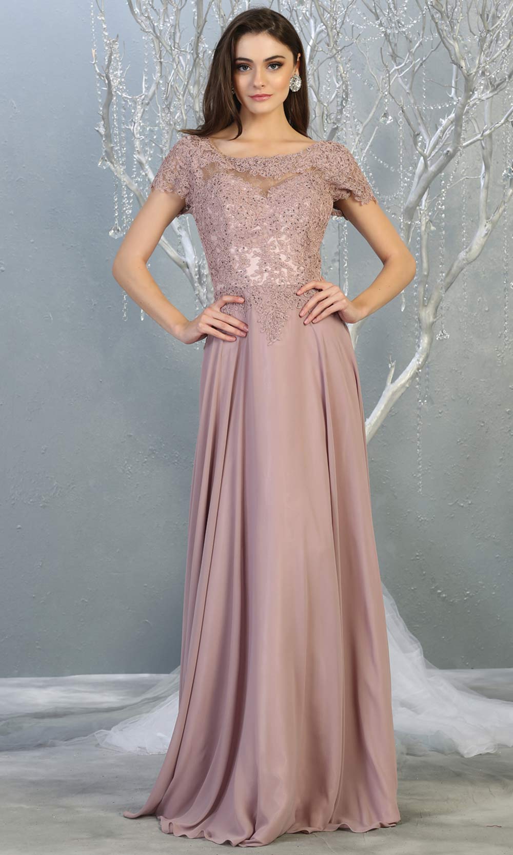 Mayqueen MQ1763 long mauve pink flowy modest dress with cap sleeves & lace top. This dusty rose dress is perfect for mother of the bride, formal wedding guest dress, covered up evening dress. It has a high neck & high back. Plus sizes avail.jpg