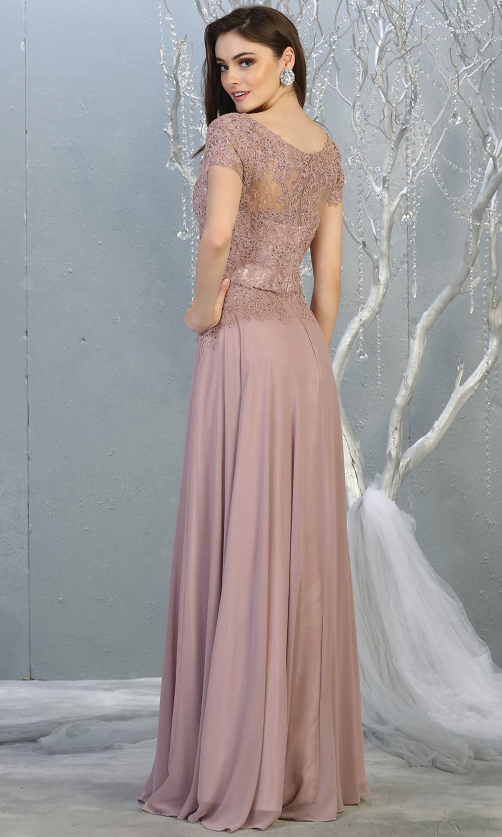 Mayqueen MQ1763 long mauve pink flowy modest dress with cap sleeves & lace top. This dusty rose dress is perfect for mother of the bride, formal wedding guest dress, covered up evening dress. It has a high neck & high back. Plus sizes avail-b.jpg