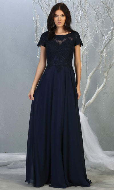 Mayqueen MQ1763 long navy blue flowy modest dress with cap sleeves & lace top. This dark blue dress is perfect for mother of the bride, formal wedding guest dress, covered up evening dress. It has a high neck & high back. Plus sizes avail.jpg