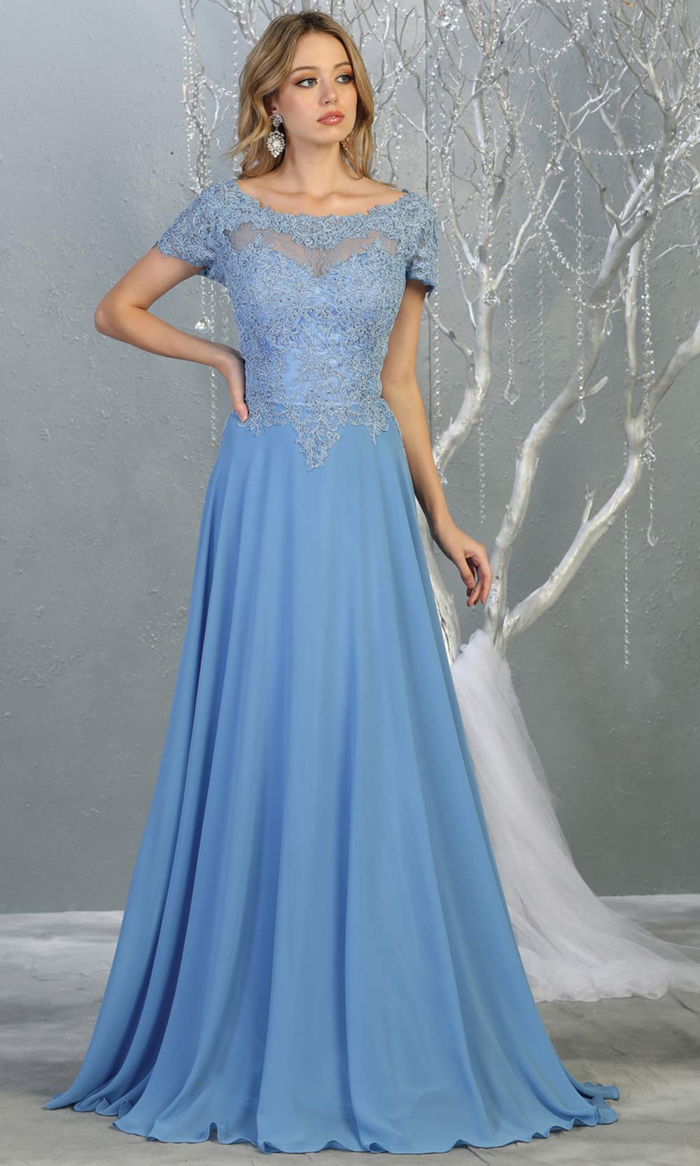 Mayqueen MQ1763 long perry blue flowy modest dress with cap sleeves & lace top. This light blue dress is perfect for mother of the bride, formal wedding guest dress, covered up evening dress. It has a high neck & high back. Plus sizes avail.jpg