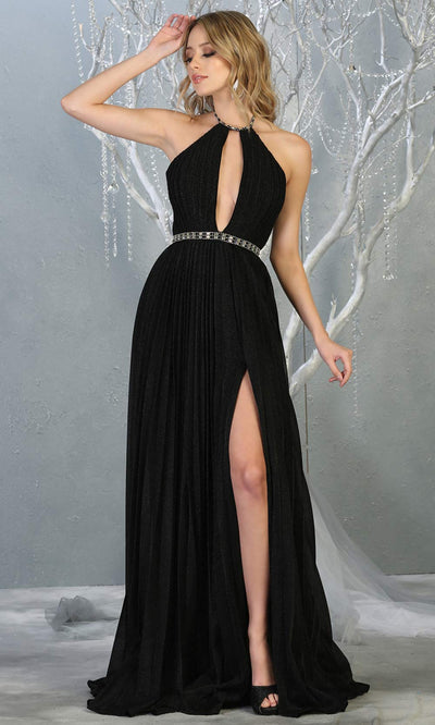 Mayqueen MQ1764 long black sleek & sexy dress features a high slit, open back, keyhole high neck top. Perfect for 2020 prom, sexy wedding guest dress. Plus sizes available.jpg