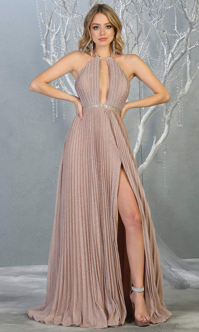 Mayqueen MQ1764 long rose gold sleek & sexy dress features a high slit, open back, keyhole high neck top. Perfect for 2020 prom, sexy wedding guest dress. Plus sizes available.jpg