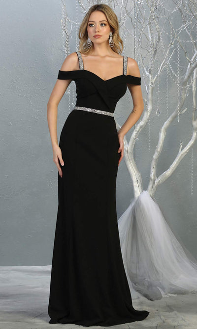 Mayqueen MQ1765 long black fitted dress with rhinestone belt and cold shoulder neckline. This sleek & sexy simple dress is perfect for bridesmaids, gala, formal wedding guest dress, evening party dress. Plus sizes available.jpg