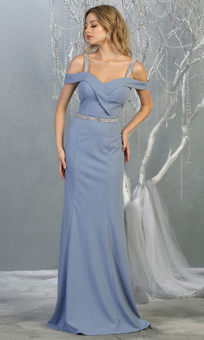 Mayqueen MQ1765 long dusty blue fitted dress with rhinestone belt and cold shoulder neckline. This blue grey sleek & sexy simple dress is perfect for bridesmaids, gala, formal wedding guest dress, evening party dress. Plus sizes available.jpg