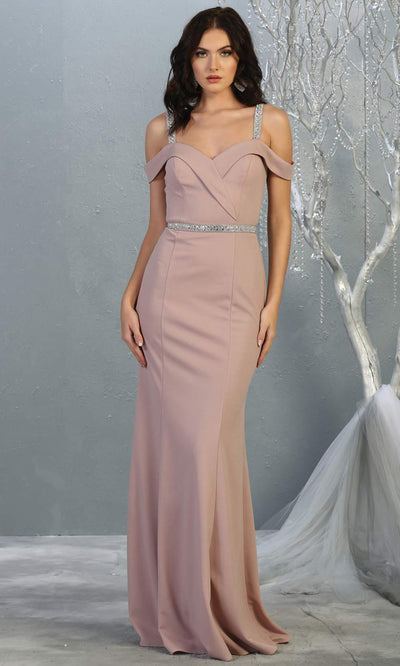 Mayqueen MQ1765 long mauve pink fitted dress with rhinestone belt and cold shoulder neckline. This dusty rose sleek & sexy simple dress is perfect for bridesmaids, gala, formal wedding guest dress, evening party dress. Plus sizes available.jpg