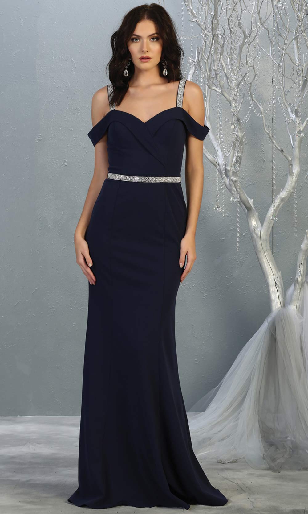 Mayqueen MQ1765 long navy blue fitted dress with rhinestone belt and cold shoulder neckline. This dark blue sleek & sexy simple dress is perfect for bridesmaids, gala, formal wedding guest dress, evening party dress. Plus sizes available.jpg