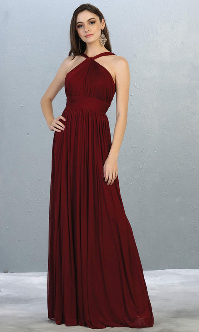 Mayqueen MQ1769 long burgundy red flowy dress with high neck. This simple evening party dress is perfect for bridesmaids, wedding guest dress, simple prom dress. Plus sizes available.jpg