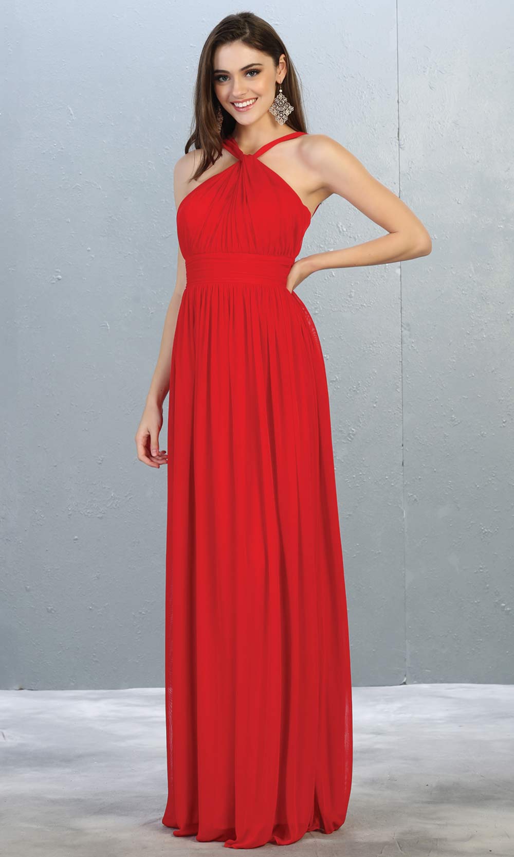 Mayqueen MQ1769 long red flowy dress with high neck. This simple red evening party dress is perfect for bridesmaids, wedding guest dress, simple prom dress. Plus sizes available.jpg