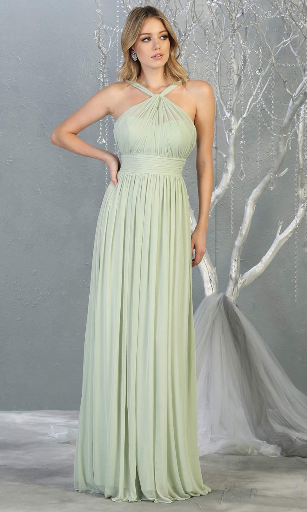 Mayqueen MQ1769 long sage green flowy dress with high neck. This simple light green evening party dress is perfect for bridesmaids, wedding guest dress, simple prom dress. Plus sizes available.jpg
