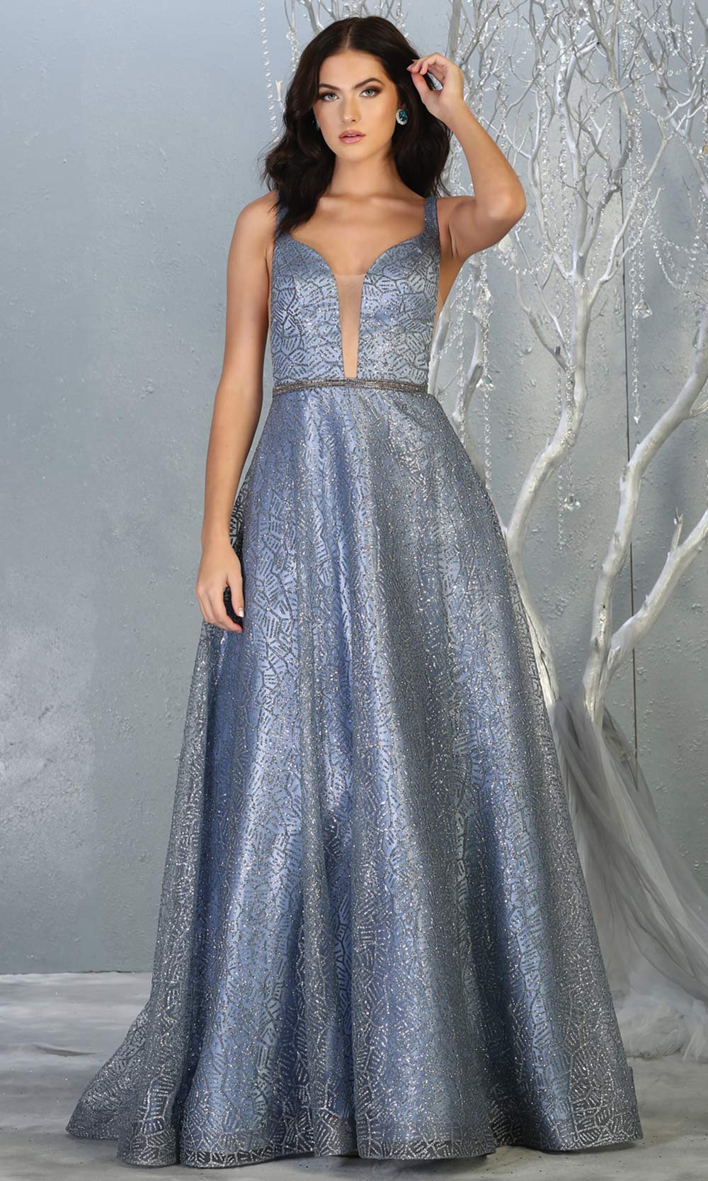 Mayqueen MQ1771 long dusty blue v neck flowy glittery sequin dress with low back. Perfect for prom, engagement dress, e-shoot dress, formal wedding guest dress, debut, quinceanera, sweet 16, gala. Plus sizes avail in this dusty blue semi ballgown.jpg