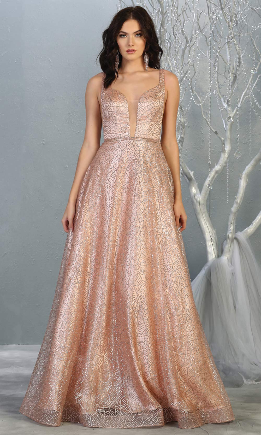 Mayqueen MQ1771 long rose gold v neck flowy glittery sequin dress with low back. Perfect for prom, engagement dress, e-shoot dress, formal wedding guest dress, debut, quinceanera, sweet 16, gala. Plus sizes avail in this rose gold semi ballgown.jpg