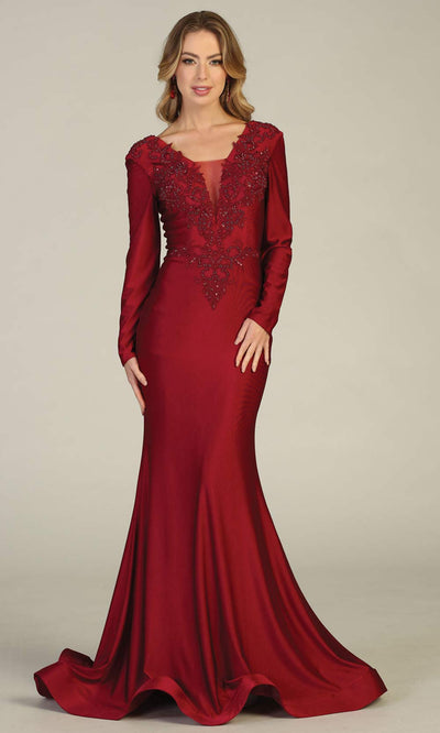 Mayqueen MQ1772 long burgundy red v neck fitted sleek & sexy dress w/long sleeves. Perfect for prom, engagement dress, e-shoot dress, formal wedding guest dress, debut, quinceanera, sweet 16, gala. Plus sizes avail in this dusty blue semi ballgown.jpg