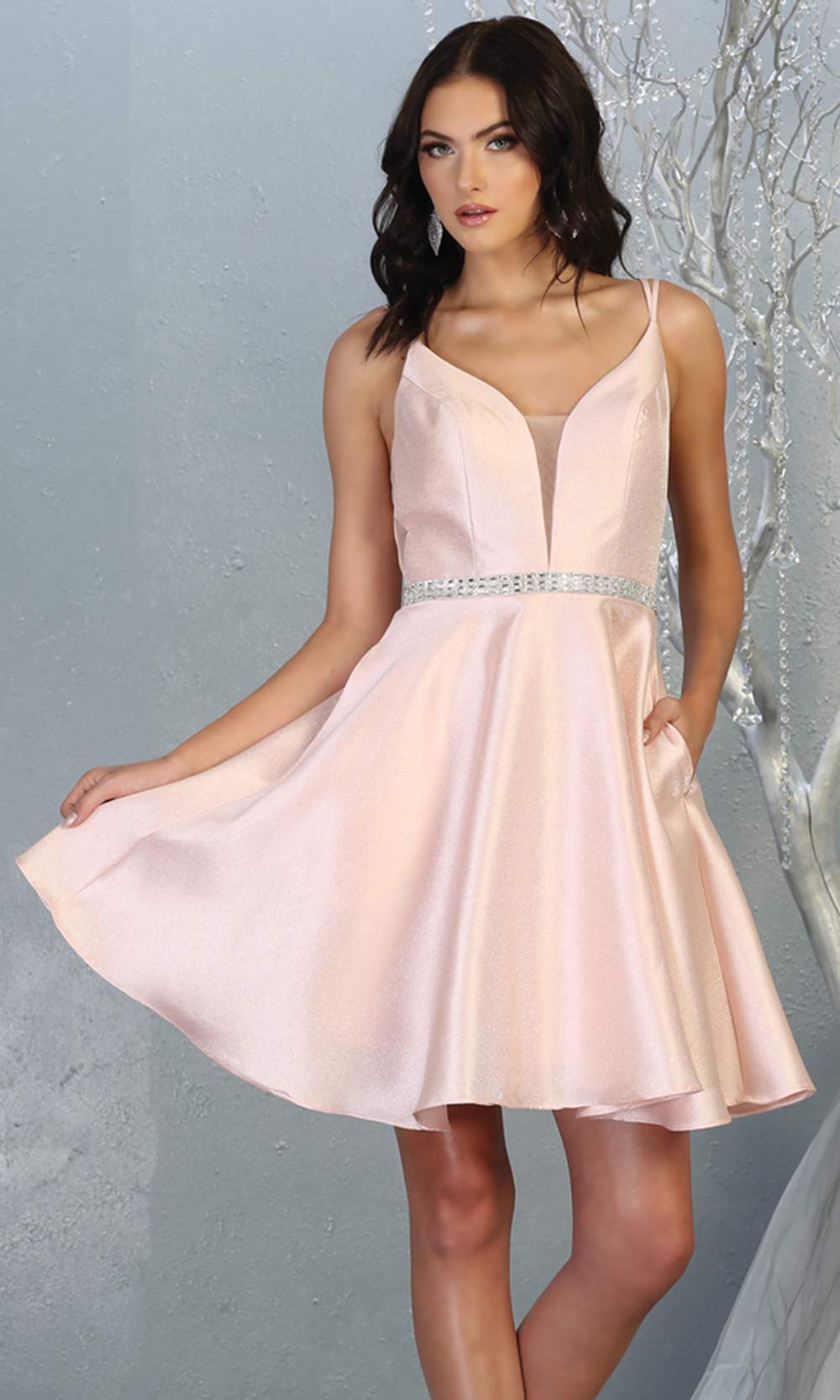 Mayqueen MQ1775 short blush pink satin flowy vneck simple grade 8 graduation dress w/ straps & low back. Light pink party dress is perfect for prom,graduation, grade 8 grad, confirmation dress, bat mitzvah dress, damas. Plus sizes avail for grad dress.jpggrade 8 grad dresses, graduation dresses