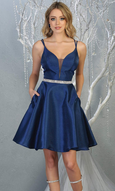 Mayqueen MQ1775 short navy blue satin flowy vneck simple grade 8 graduation dress w/ straps & low back. Dark blue party dress is perfect for prom, graduation, grade 8 grad, confirmation dress, bat mitzvah dress, damas. Plus sizes avail for grad dress.jpggrade 8 grad dresses, graduation dresses