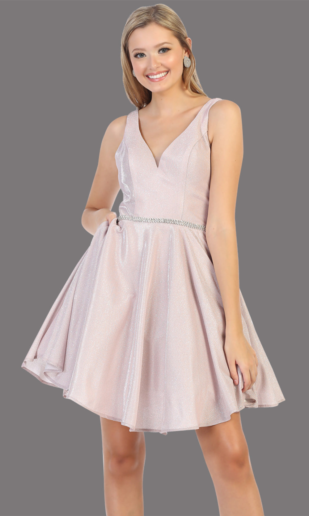 Mayqueen MQ1777 short baby blue metallic flowy simple grade 8 graduation dress w/ straps & belt. Light blue party dress is perfect for graduation, grade 8 grad, confirmation dress, bat mitzvah dress, damas. Plus sizes avail for grad dressgrade 8 grad dresses, graduation dresses