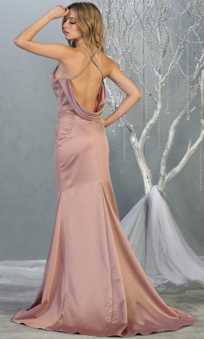 Mayqueen MQ1779 long mauve pink v neck fitted satin dress with open back & train. Perfect for prom, engagement dress, e-shoot dress, formal wedding guest dress, gala. Plus sizes avail in this light pink sleek & sexy dress-back.jpg