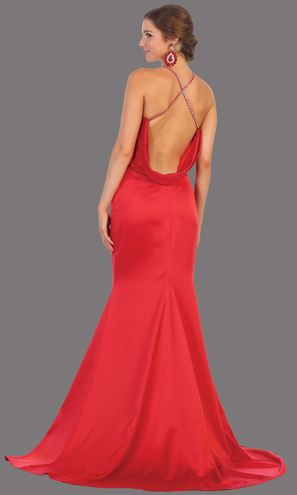 Mayqueen MQ1779 long red v neck fitted satin dress with open back & train. Perfect for prom, engagement dress, e-shoot dress, formal wedding guest dress, gala. Plus sizes avail in this red sleek & sexy dress.jpg
