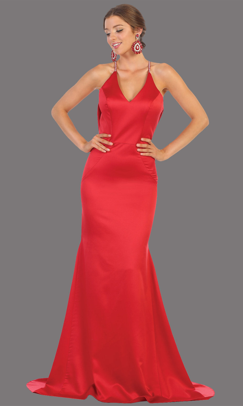 Mayqueen MQ1779 long red v neck fitted satin dress with open back & train. Perfect for prom, engagement dress, e-shoot dress, formal wedding guest dress, gala. Plus sizes avail in this red sleek & sexy dress.jpg
