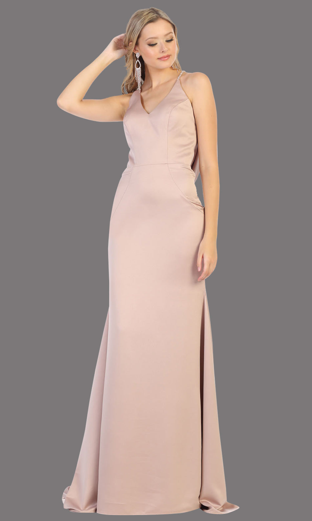 Mayqueen MQ1779 long taupe v neck fitted satin dress with open back & train. Perfect for prom, engagement dress, e-shoot dress, formal wedding guest dress, gala. Plus sizes avail in this taupe sleek & sexy dress.jpg