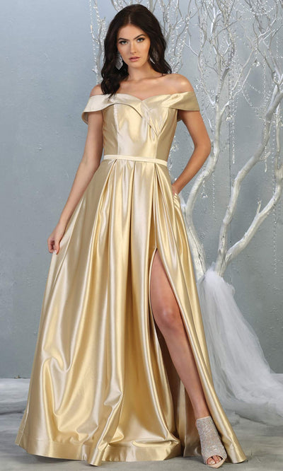 Mayqueen MQ 1781 long champagne off shoulder evening flowy dress w/ high slit. Full length light gold satin gown is perfect for  enagagement/e-shoot dress, formal wedding guest, indowestern gown, evening party dress, prom, bridesmaid. Plus sizes avail.jpg