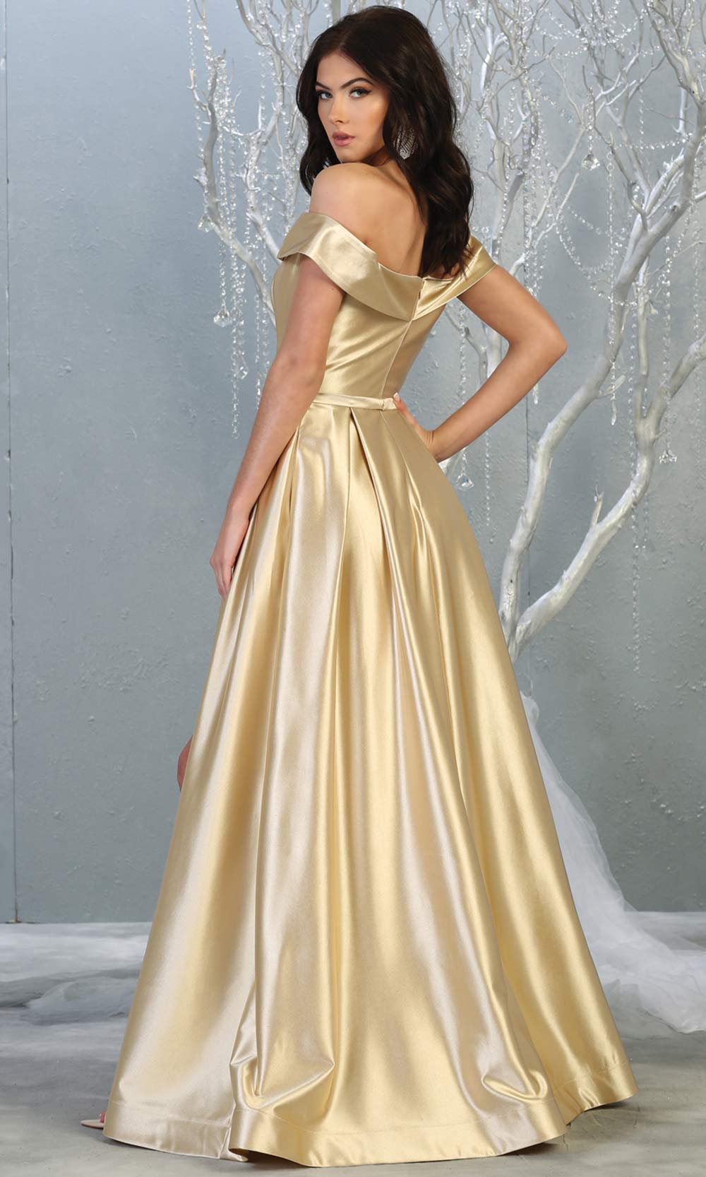 Mayqueen MQ 1781 long champagne off shoulder evening flowy dress w/ high slit. Full length light gold satin gown is perfect for  enagagement/e-shoot dress, formal wedding guest, indowestern gown, evening party dress,prom, bridesmaid.Plus sizes avail-b.jpg