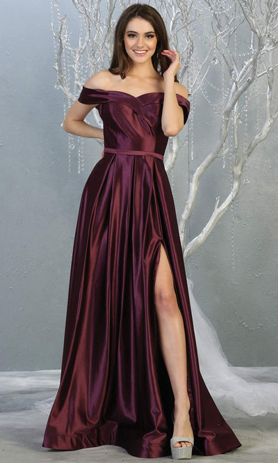 Mayqueen MQ 1781 long eggplantt off shoulder evening flowy dress w/ high slit.Full length dark purple satin gown is perfect for  enagagement/e-shoot dress, formal wedding guest, indowestern gown, evening party dress, prom, bridesmaid. Plus sizes avail.jpg