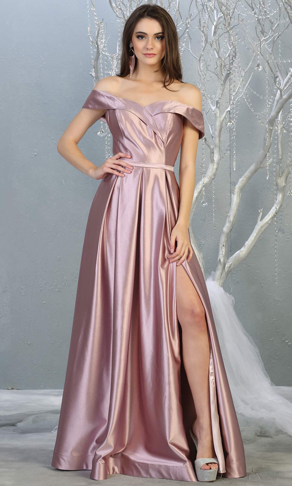 Mayqueen MQ 1781 long mauve off shoulder evening flowy dress w/ high slit. Full length dusty rose satin gown is perfect for  enagagement/e-shoot dress, formal wedding guest, indowestern gown, evening party dress, prom, bridesmaid. Plus sizes avail.jpg