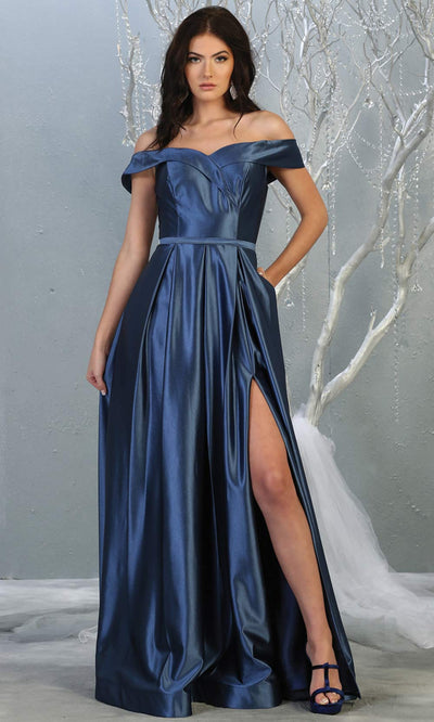 Mayqueen MQ 1781 long navy blue off shoulder evening flowy dress w/ high slit. Full length dark blue satin gown is perfect for  enagagement/e-shoot dress, formal wedding guest, indowestern gown, evening party dress, prom, bridesmaid. Plus sizes avail.jpg