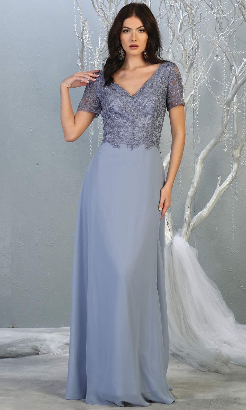 Mayqueen MQ 1782 long dusty blue modest flowy dress w/ sleeves. Full length blue chiffon & lace top is perfect for  mother of the bride, formal wedding guest, indowestern gown, evening party dress, blue muslim party dress. Plus sizes avail.jpg