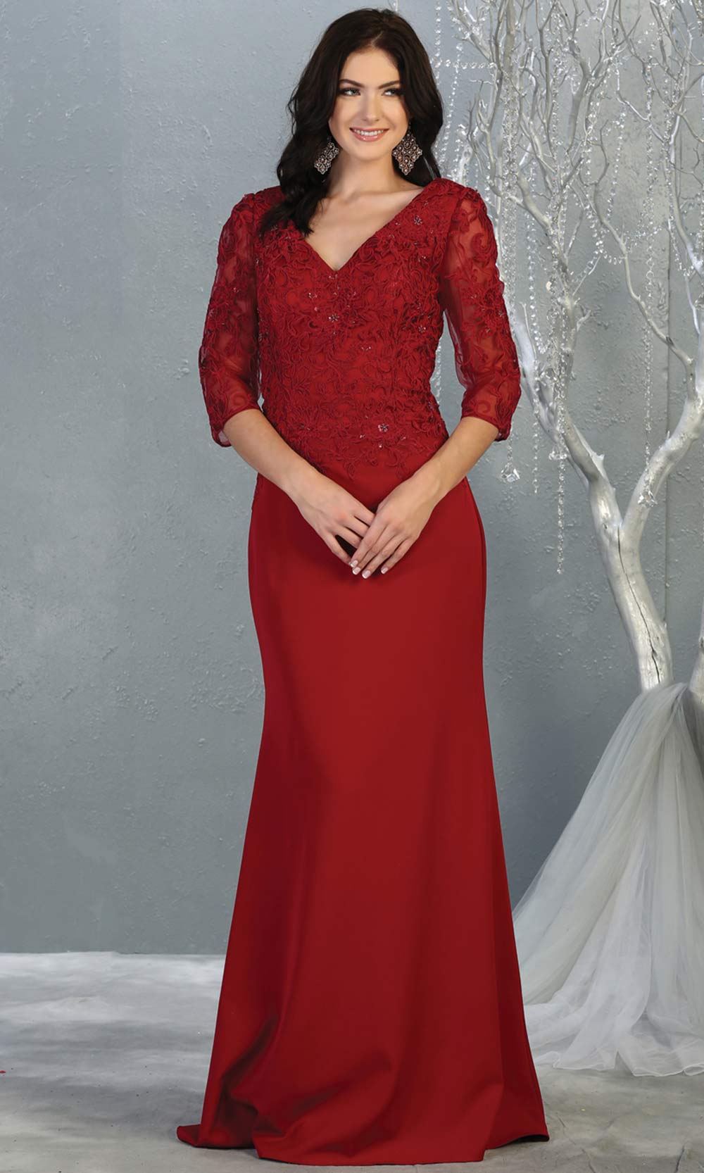 Mayqueen MQ 1783 long burgundy red modest flowy dress w/ long sleeves. Dark red chiffon & lace top is perfect for  mother of the bride, formal wedding guest, indowestern gown, evening party dress, dark red muslim party dress. Plus sizes avail.jpg