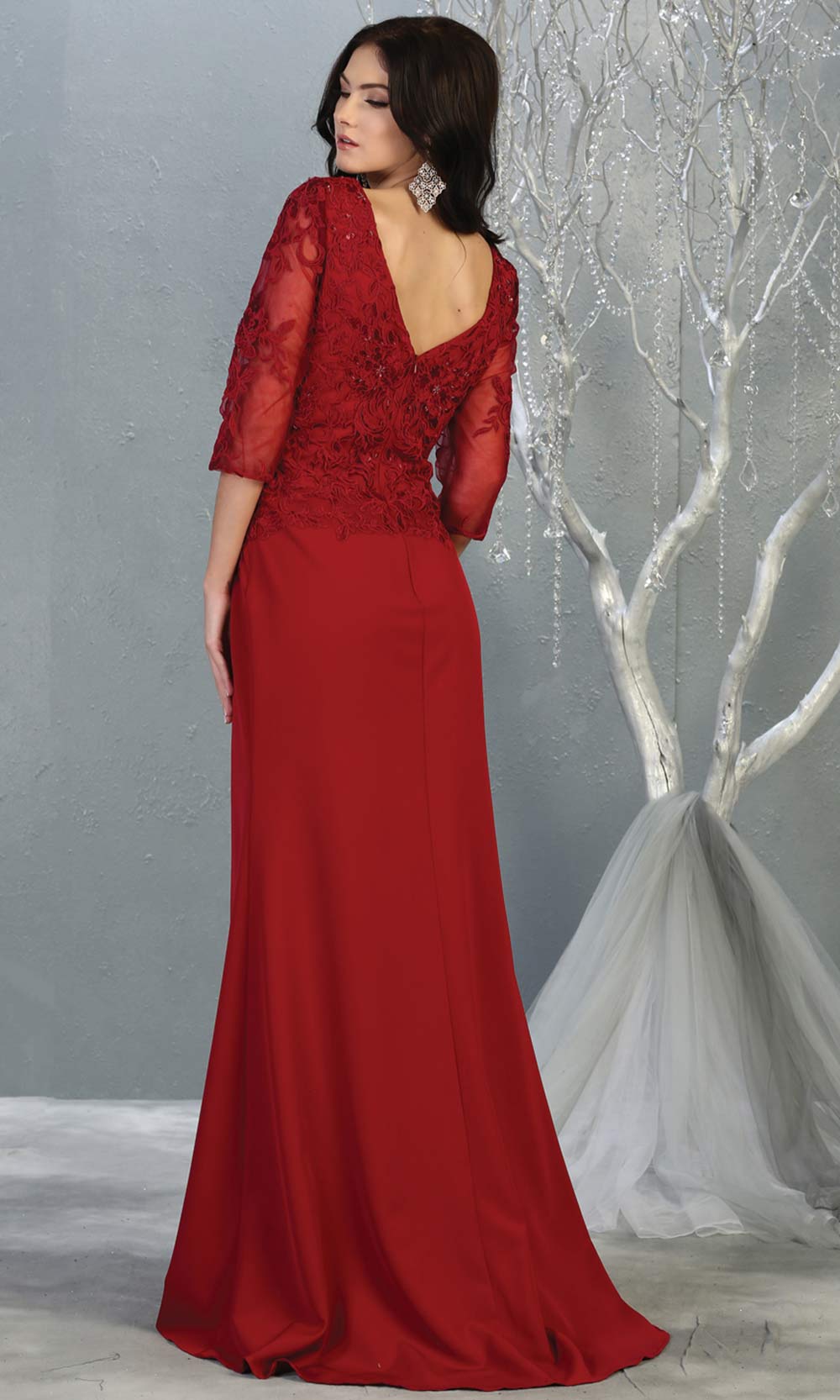 Mayqueen MQ 1783 long burgundy red modest flowy dress w/ long sleeves. Dark red chiffon & lace top is perfect for  mother of the bride, formal wedding guest, indowestern gown, evening party dress, dark red muslim party dress. Plus sizes avail-back.jpg