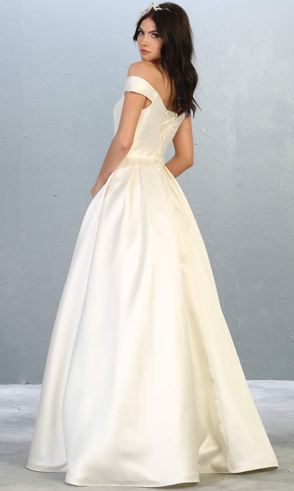 Mayqueen MQ1784-long ivory satin simple flowy bridal off shoulder dress. White formal dress is perfect for wedding bridal dress, white prom dress, simple wedding,second wedding, destination wedding dress, second wedding dress.Plus sizes avail-back.jpg