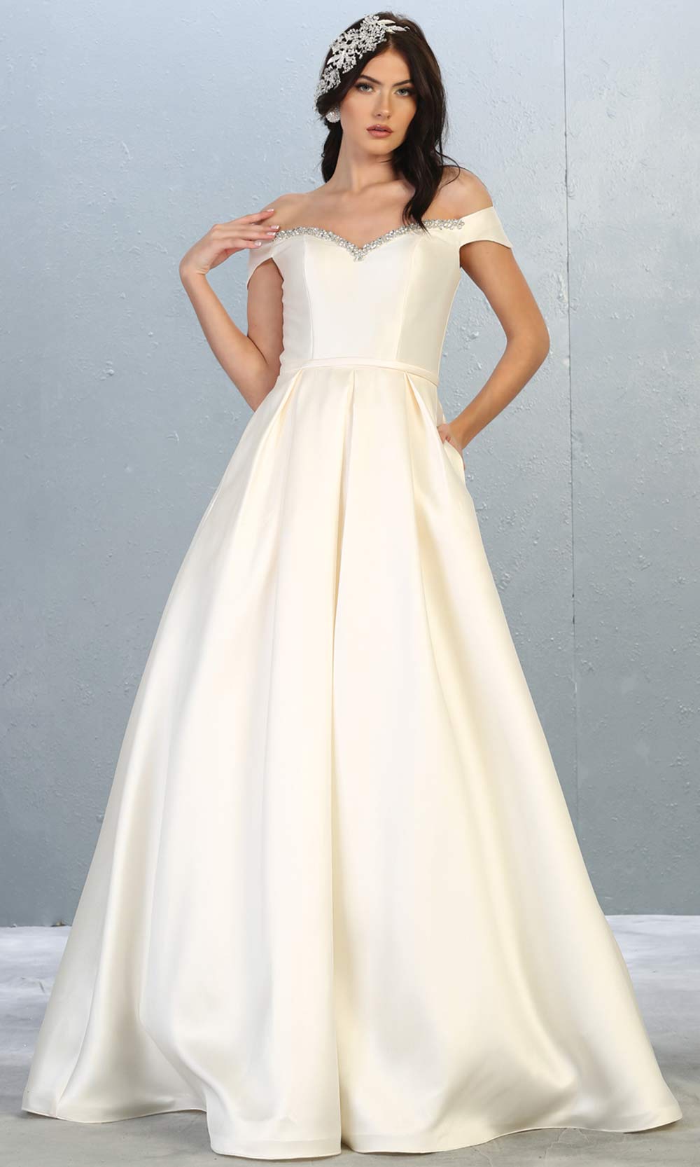 Mayqueen MQ1784-long ivory satin simple flowy bridal off shoulder dress. White formal dress is perfect for wedding bridal dress, white prom dress, simple wedding,second wedding, destination wedding dress, second wedding dress.Plus sizes avail.jpg