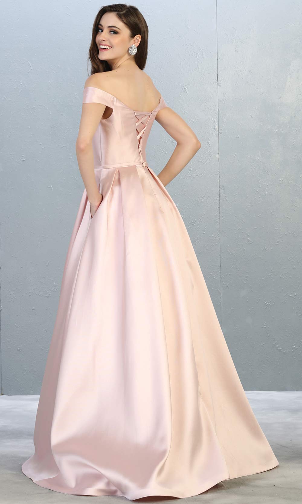 Mayqueen MQ 1784 long blush pink off shoulder evening flowy dress. Full length light pink satin taffeta gown is perfect for  enagagement/e-shoot dress, formal wedding guest, indowestern gown, evening party dress, prom, bridesmaid. Plus sizes avail-b.jpg