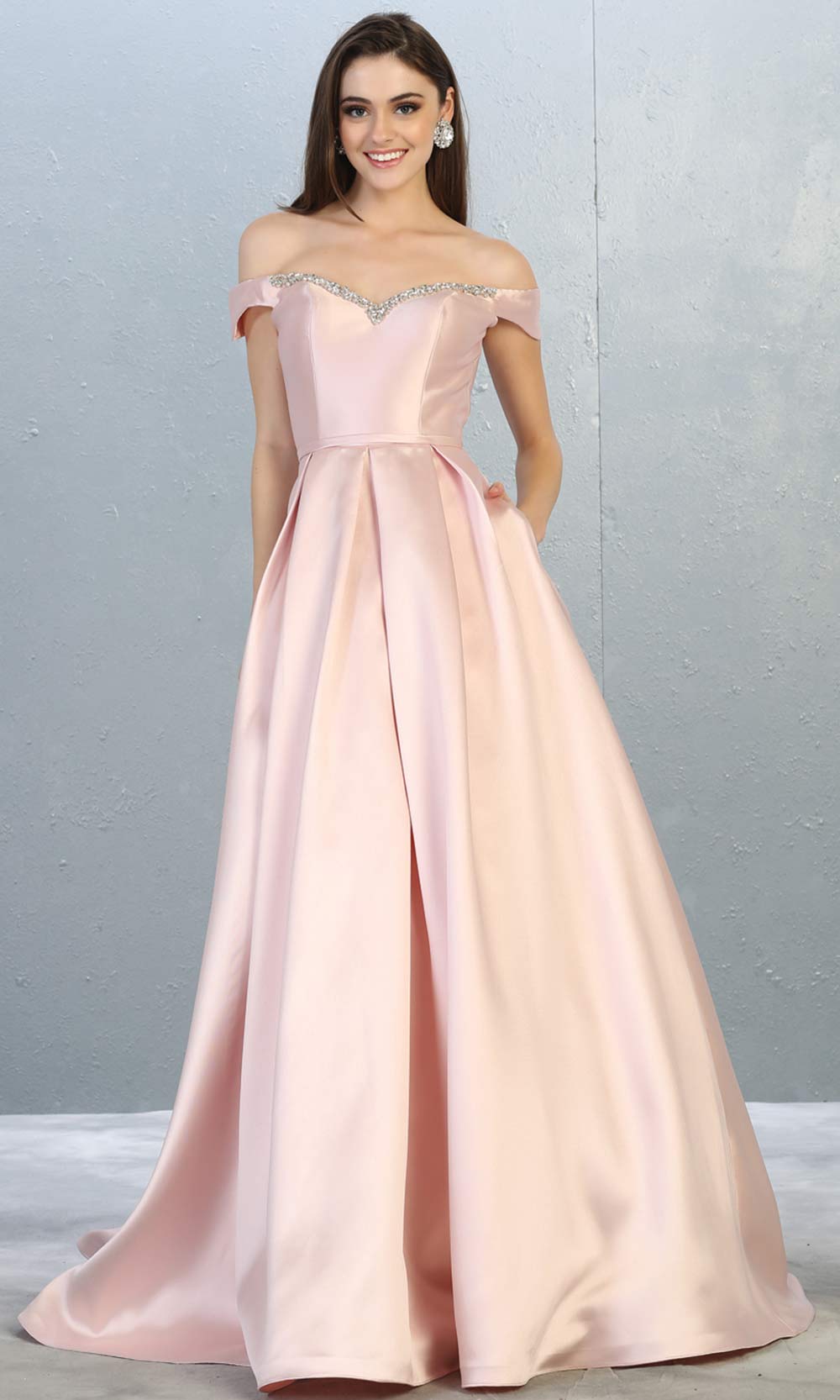 Mayqueen MQ 1784 long blush pink off shoulder evening flowy dress. Full length light pink satin taffeta gown is perfect for  enagagement/e-shoot dress, formal wedding guest, indowestern gown, evening party dress, prom, bridesmaid. Plus sizes avail.jpg