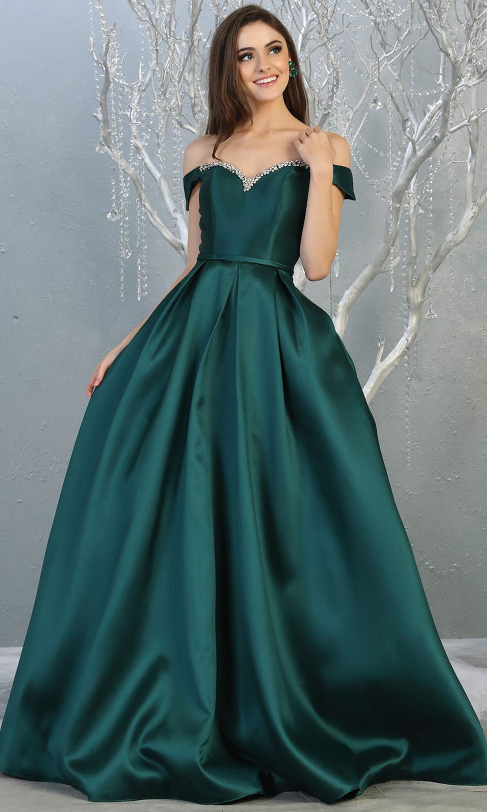 Mayqueen MQ 1784 long hunter green off shoulder evening flowy dress. Full length dark green satin taffeta gown is perfect for  enagagement/e-shoot dress, formal wedding guest, indowestern gown, evening party dress, prom, bridesmaid. Plus sizes avail.jpg