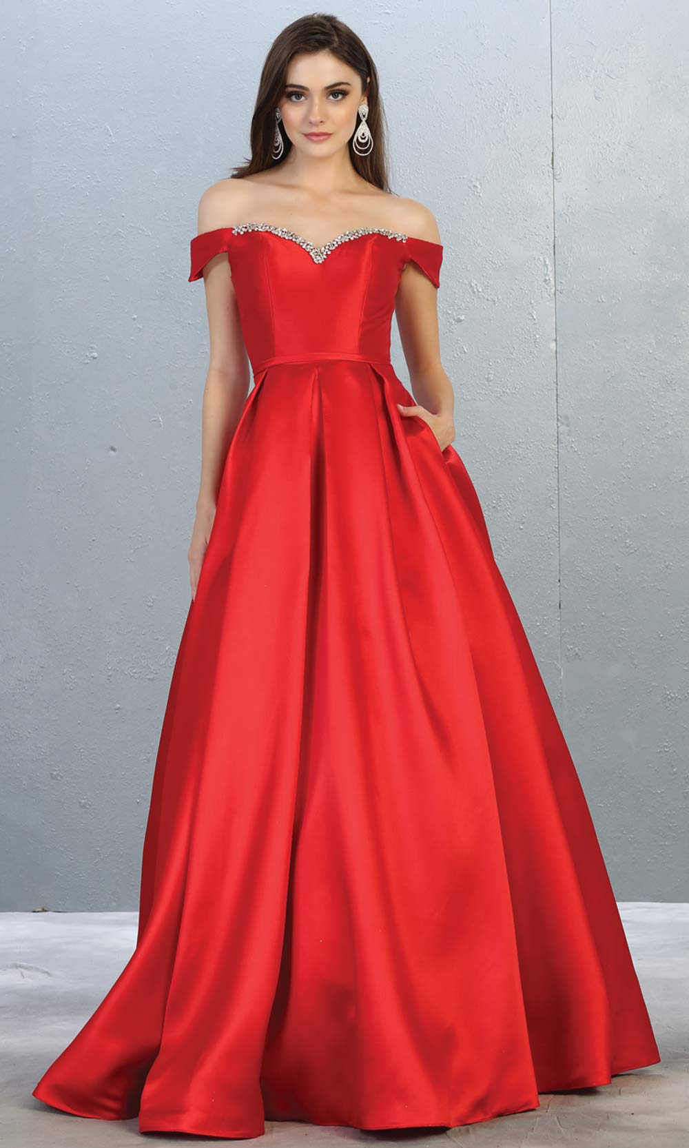 Mayqueen MQ 1784 long red off shoulder evening flowy dress. Full length red satin taffeta gown is perfect for  enagagement/e-shoot dress, formal wedding guest, indowestern gown, evening party dress, prom, bridesmaid. Plus sizes avail.jpg