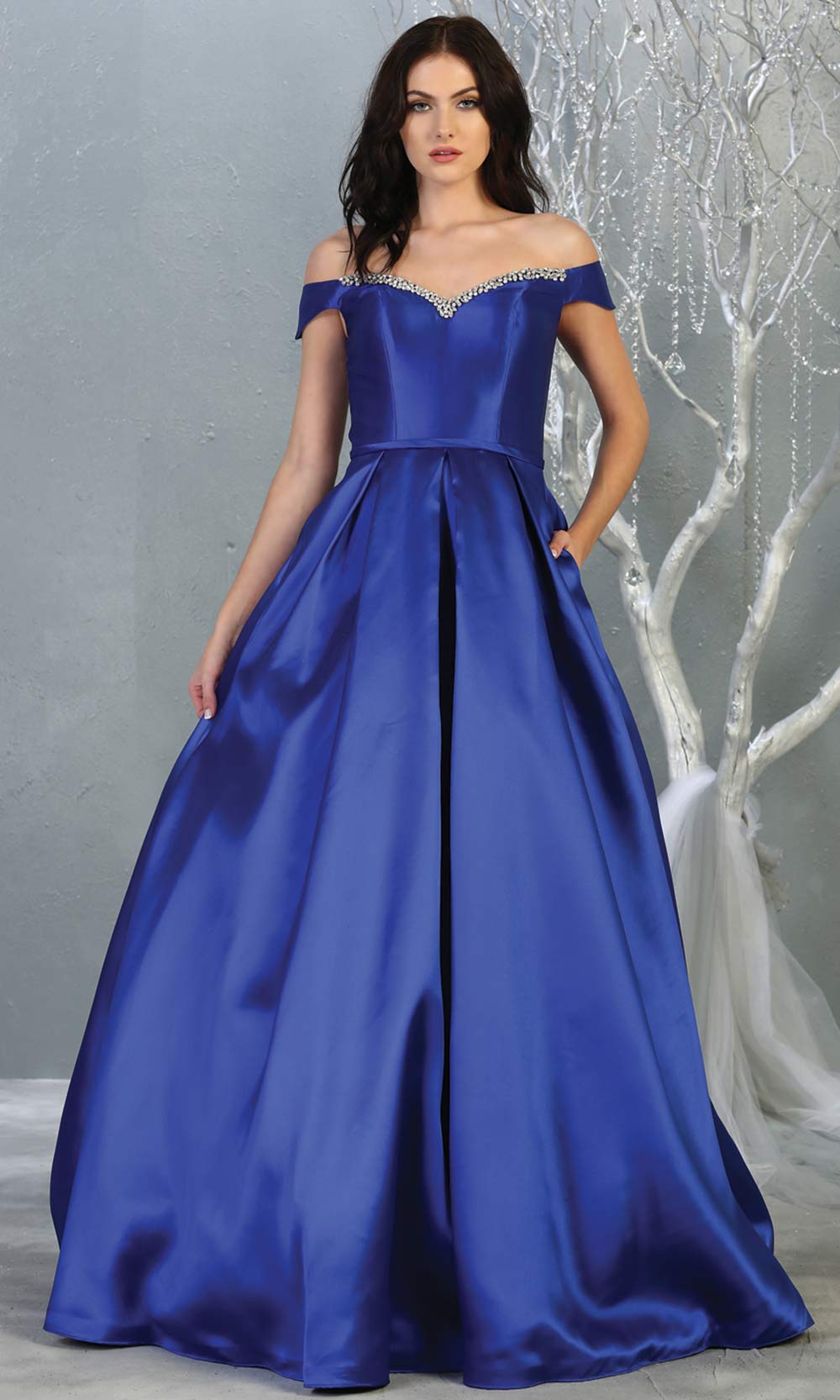 Mayqueen MQ 1784 long royal blue off shoulder evening flowy dress. Full length royal blue satin taffeta gown is perfect for  enagagement/e-shoot dress, formal wedding guest, indowestern gown, evening party dress, prom, bridesmaid. Plus sizes avail.jpg