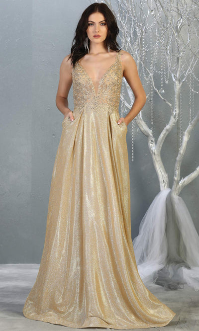 Mayqueen MQ 1785 long champagne gold v neck evening flowy dress. Full length gold satin metallic gown is perfect for  enagagement/e-shoot dress, formal wedding guest, indowestern gown, evening party dress, prom, bridesmaid. Plus sizes avail.jpg