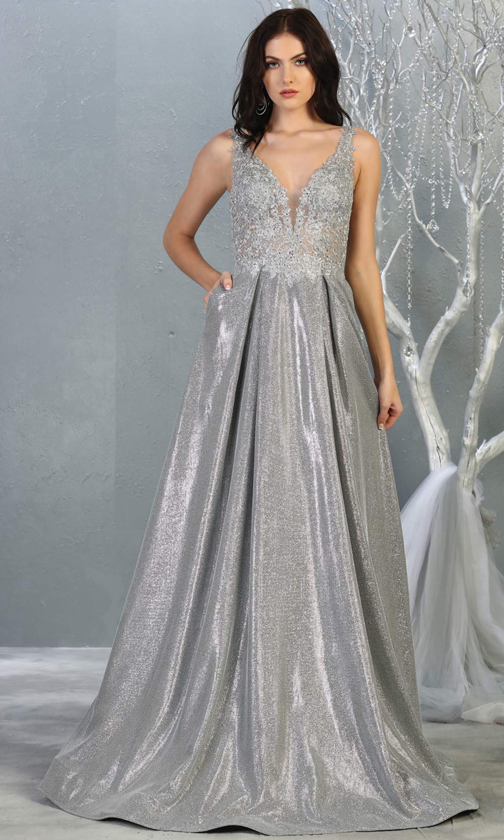 Mayqueen MQ 1785 long silver grey v neck evening flowy dress. Full length light gray satin metallic gown is perfect for  enagagement/e-shoot dress, formal wedding guest, indowestern gown, evening party dress, prom, bridesmaid. Plus sizes avail.jpg