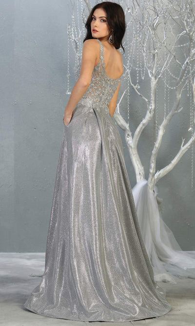 Mayqueen MQ 1785 long silver grey v neck evening flowy dress. Full length light gray satin metallic gown is perfect for  enagagement/e-shoot dress, formal wedding guest, indowestern gown, evening party dress, prom, bridesmaid. Plus sizes avail-back.jpg