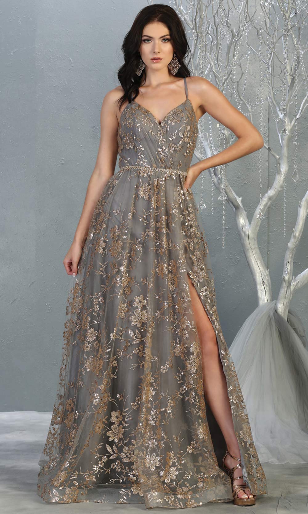 Mayqueen MQ1787 long charcoal gold evening flowy tulle dress. Full length light gold glittery gown w/open back is perfect for  enagagement/e-shoot dress, formal wedding guest, indowestern gown, evening party dress, prom, bridesmaid. Plus sizes avail.jpg